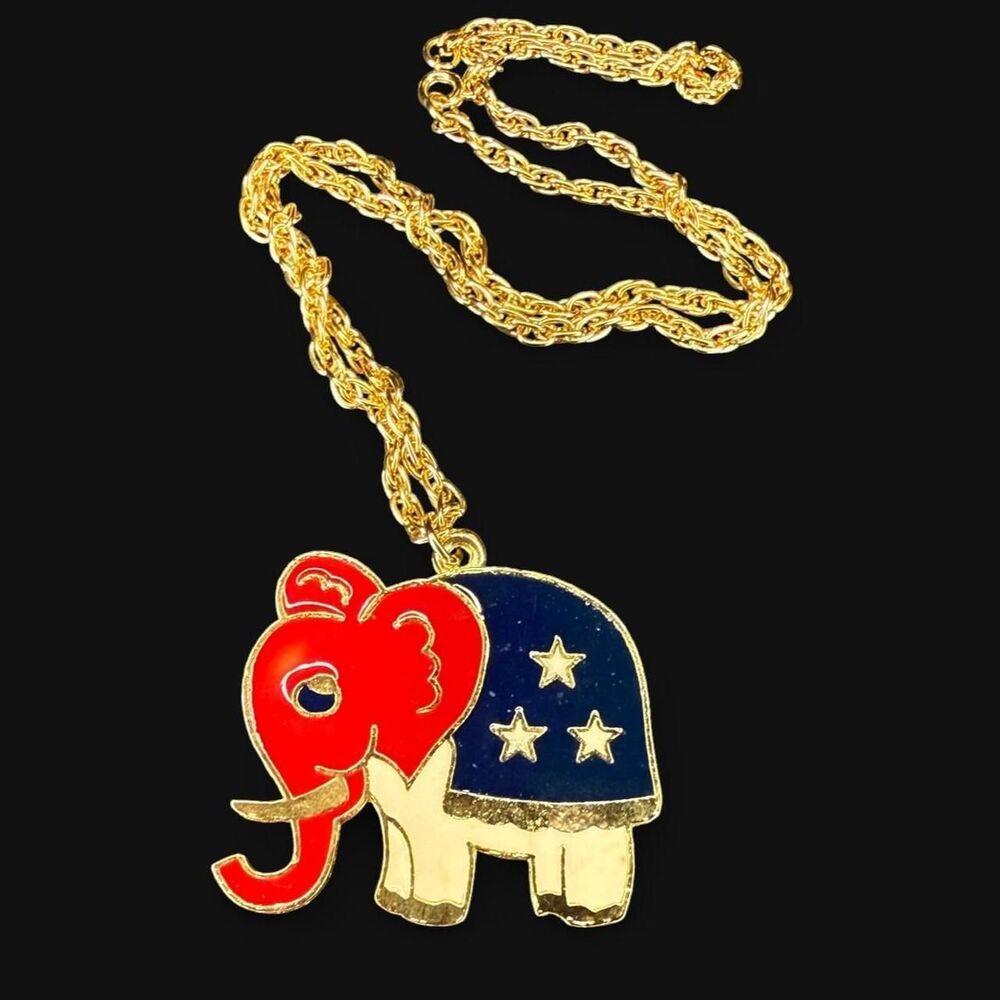 Vintage ‘80s Rafaelian Signed Republican Elephant Enamel Pendant Necklace